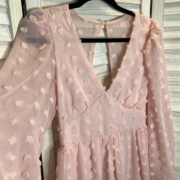 Honey and Rosie Light Pink Swiss Dot Sheer V Neck Long Sleeve Mini Sundress 3 - Picture 8 of 14